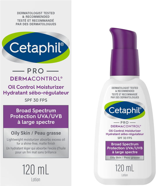 Cetaphil PRO DermaControl Oil Control Moisturizer SPF 30 With Zinc Complex, For Oily and Sensitive Skin - Broad Spectrum Protection With Matte Finish - Dermatologist Recommended, 120ml