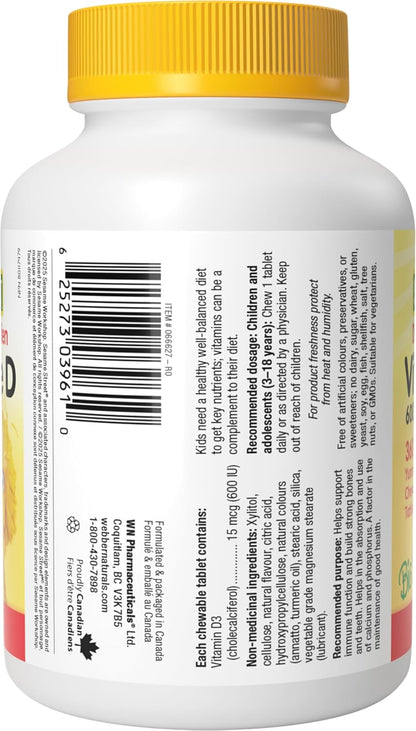 芝麻街每日阳光维生素 D3 儿童咀嚼片，360 片咀嚼片，每片含 600 国际单位维生素 D，适合 3 岁及以上儿童