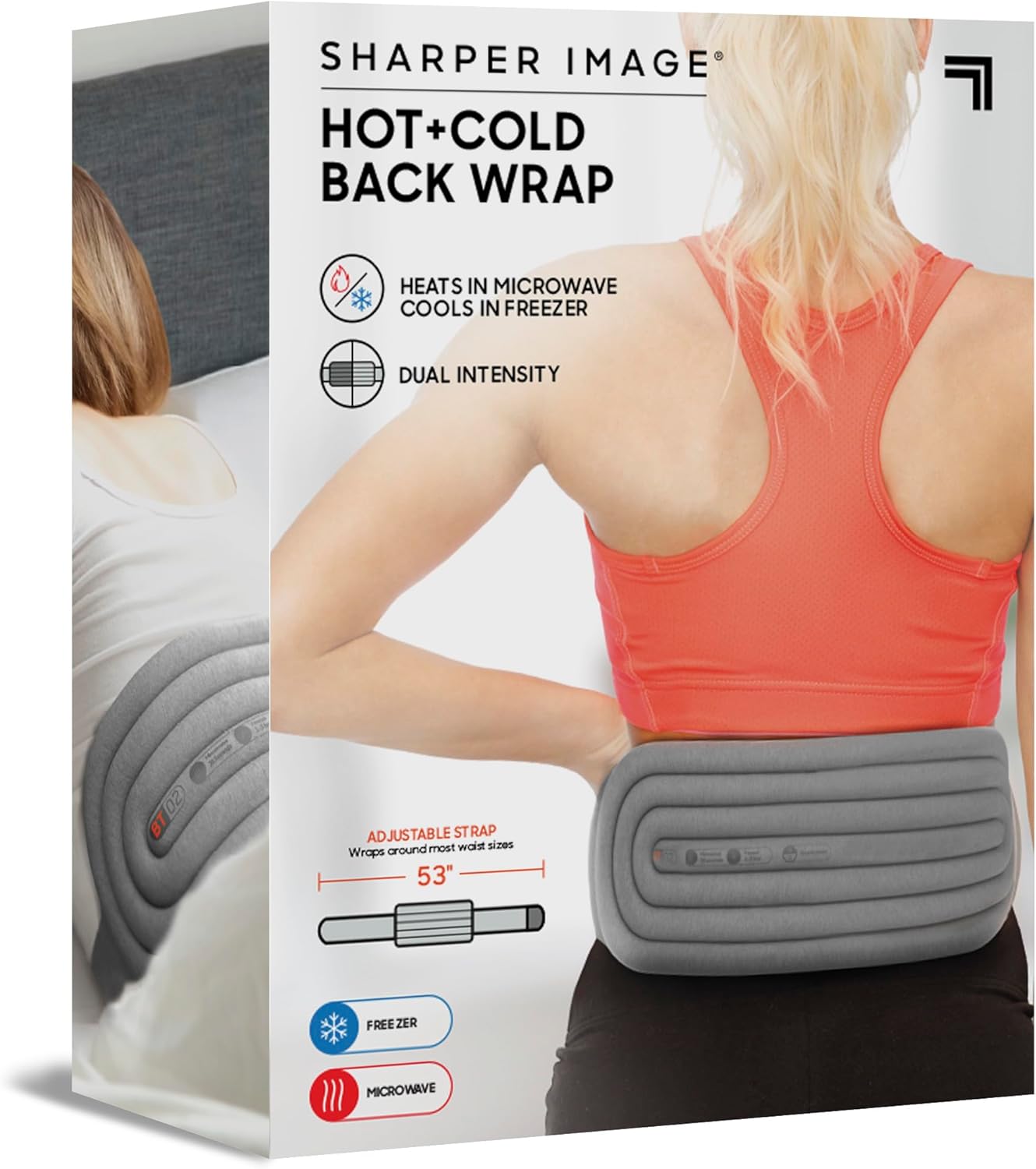 Sharper Image Hot + Cold Back Wrap, Dual Intensity Soft Fabric, 53" Length, Adjustable Comfort Fit, Soothing Heat & Revitalizing Cold Therapy, Workout Recovery Compression