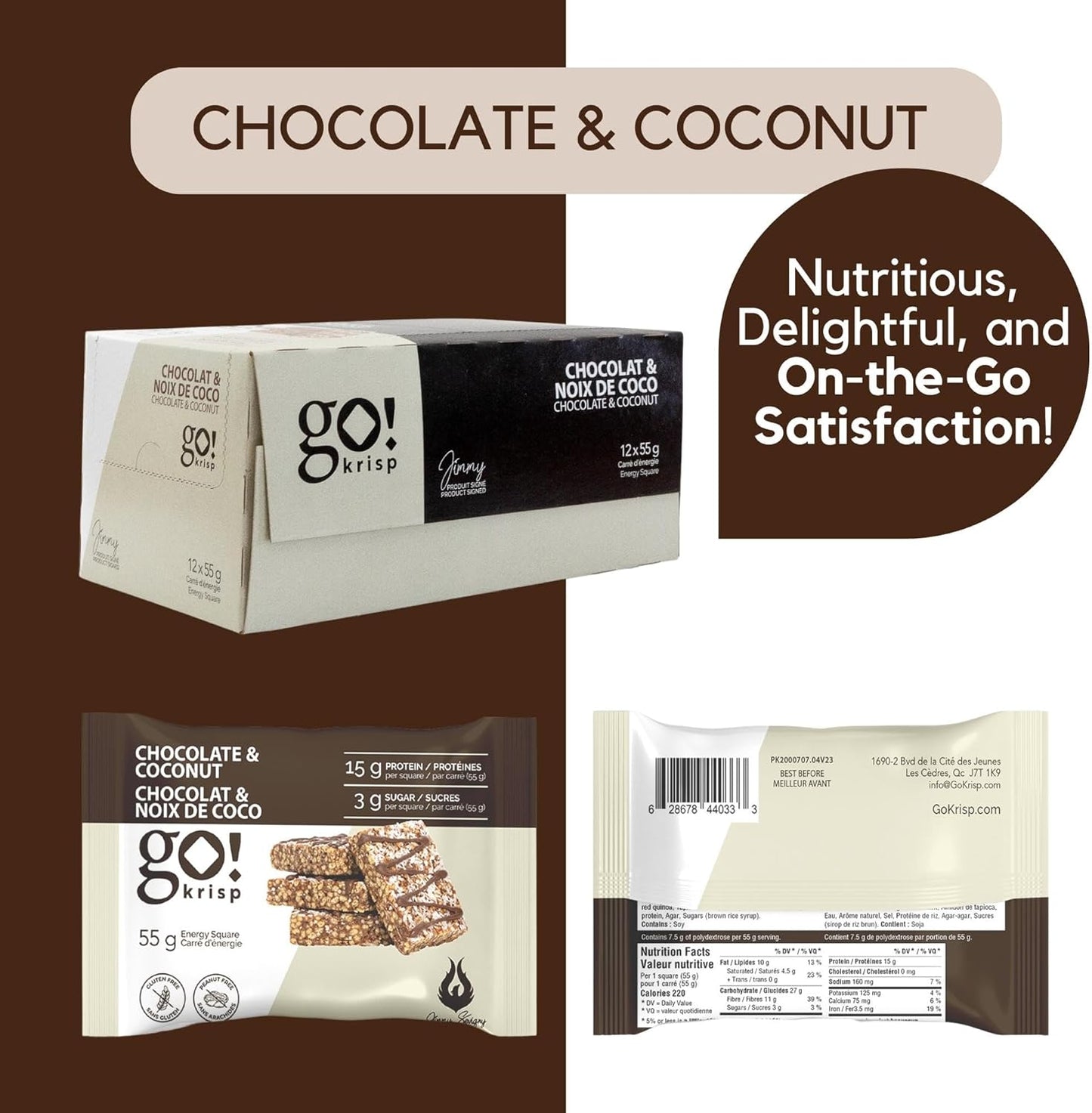 GoKrisp, Energy Square by Jimmy Sevigny, 15 gr Protein Pastry, Tasty Chocolate and Coconut, High Protein Snacks, Nut & Peanut Free, Gluten Free, (12-Pack)