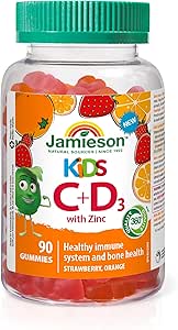 Jamieson 兒童免疫軟糖，含維生素C、維生素D3和鋅，草莓和柳橙口味，有助於增強免疫力，強化牙齒和骨骼，促進傷口癒合。素食，非基因改造，不含明膠，不含麩質，不含…