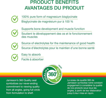 Jamieson 100% 純雙甘氨酸鎂 100 毫克膠囊，非混合，不含氧化鎂，支持骨骼發育和肌肉功能，電解質來源，易於吸收，素食，非轉基因，無麩質，70 粒