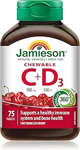 Jamieson 咀嚼維生素C 500毫克，含維生素D 500國際單位，酸櫻桃口味，適合4歲以上兒童，有助於增強免疫力，強健牙齒和骨骼。素食，無麩質，不含人工香料和色素，75粒，配方…
