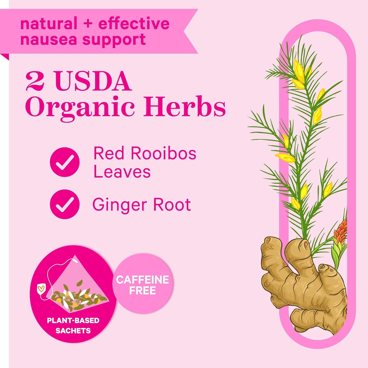 粉红鹳缓解茶：100% 有机缓解恶心茶，姜茶，女性自有，姜桃味，30 杯