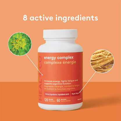 HEAL + CO. Energy Complex | 8 Active Ingredients Including Ashwagandha, Rhodiola + B Vitamins | Increase Energy + Fight Fatigue Supplement | 120 Capsules