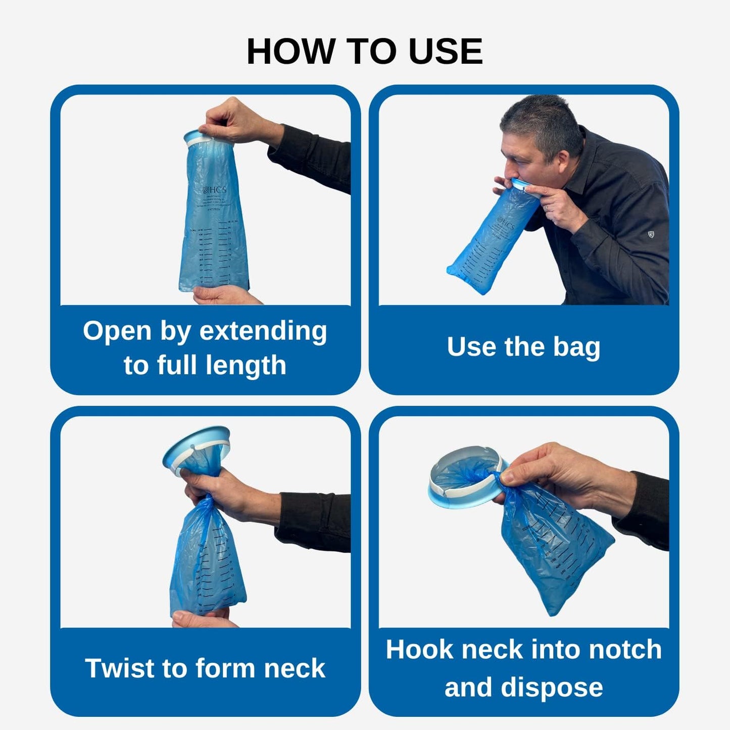 HCS 一次性嘔吐袋 | 144 個藍色醫用級嘔吐袋 | 40 液體盎司，帶易閉合環 | 嘔吐袋 一次性用於暈車、出租車、居家、旅行 | 便攜式嘔吐袋，防漏