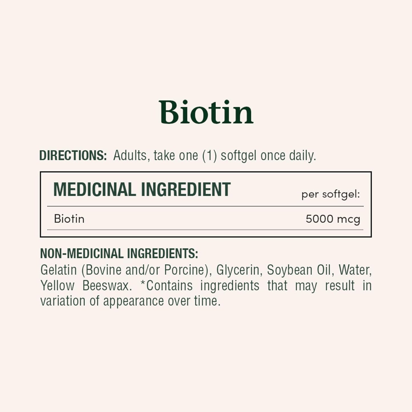 自然之寶生物素 5000 微克，有助於維持健康的頭髮、皮膚和指甲，有助於維持身體代謝營養的能力，預防生物素缺乏症，成人每日 1 粒軟膠囊，100 粒，24.3 克
