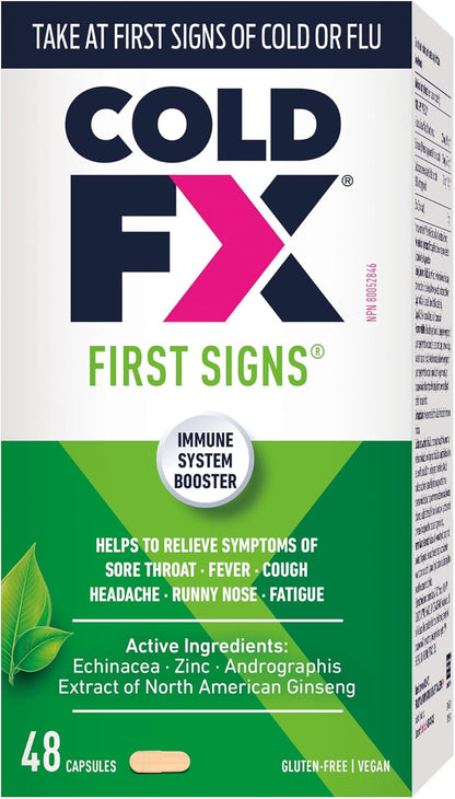 COLD-FX First Signs，有助于缓解咽喉痛、发烧、咳嗽、头痛、流鼻涕、疲劳等症状，北美人参提取物、紫锥菊、穿心莲和锌，48 粒素食胶囊