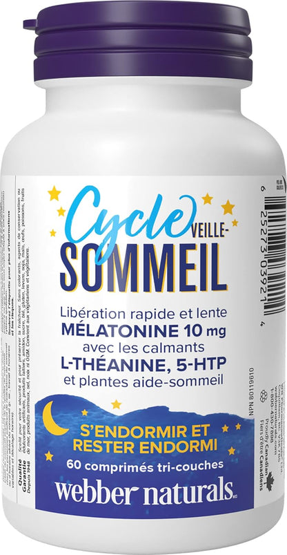 Webber Naturals 睡眠周期褪黑激素，含 L-茶氨酸、5-HTP 和睡眠植物成分，60 片三层片剂，有助于睡眠，纯素