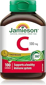 Jamieson 維生素 C 500 毫克緩釋膠囊，支持免疫健康，強化牙齒和骨骼。全天緩釋維生素 C，素食，無麩質，100 粒，加拿大製造