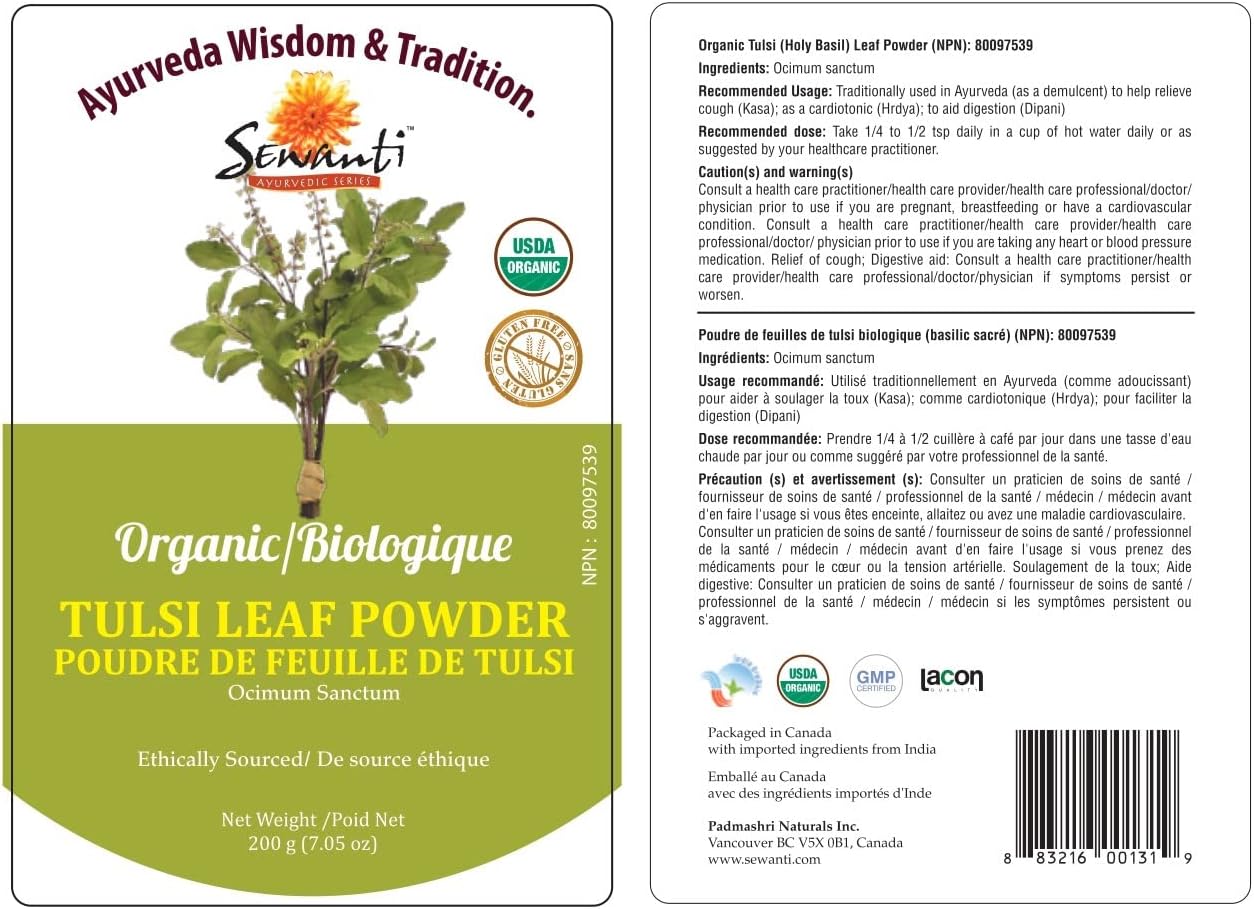 Sewanti Organic Tulsi Powder, NPN 80097539, 200g
