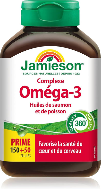 Jamieson Salmon and Fish Oil 1,000 mg Softgels, Bonus Size, Supports Heart and Brain Health. With Wild Salmon, EPA and DHA, Non-GMO, Gluten-Free, 200 Count, Proudly Canadian