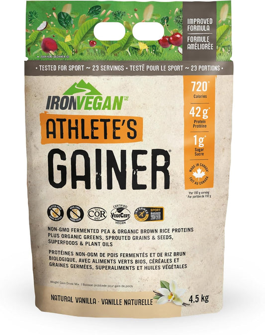 Athlete's Gainer Protein Powder, Natural Vanilla Flavour, 4.5 kg | Vegan and Non-GMO & Iron Vegan Sprouted Protein Bars | Peanut Chocolate Chip Flavour | 12 Pack