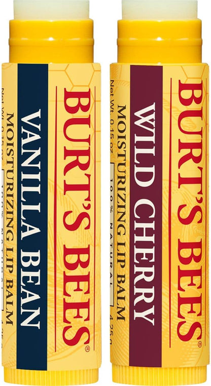 Burt's Bees 保濕唇膏，適用於乾燥、皸裂的嘴唇，母親節禮物，保濕唇膏，適用於乾燥的嘴唇，100% 天然來源，香草豆和野櫻桃 - 2 管，2 支，超值裝