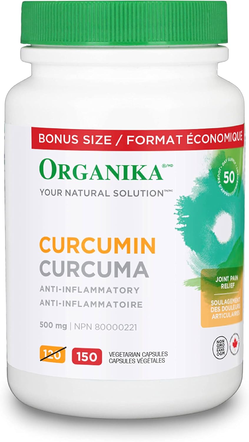 Organika Canadian-Made Curcumin 500 mg - Anti-Inflammatory, Antioxidant, Joint Pain Relief and Natural Tonic - 150 vcaps