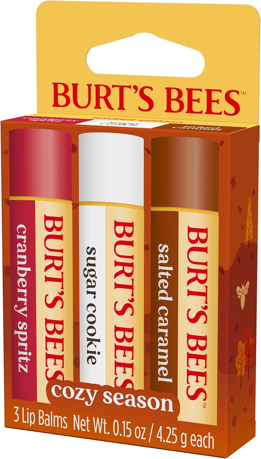Burt's Bees 100% 天然保湿润唇膏，适用于干燥皲裂的嘴唇，令双唇柔软水润 - 3 支装 - （舒适季节）糖饼干、蔓越莓喷雾、咸焦糖