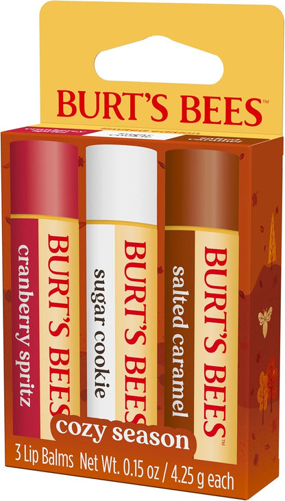 Burt's Bees 100% 天然保湿润唇膏，适用于干燥皲裂的嘴唇，令双唇柔软水润 - 3 支装 - （舒适季节）糖饼干、蔓越莓喷雾、咸焦糖
