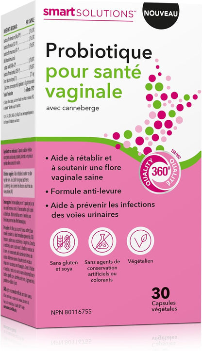 Smart Solutions Vaginal Health Probiotic 5 Billion CFU with 271 mg Cranberry, Helps to Restore and Support Healthy Vaginal Flora, and Intestinal Health, 30 Vegetarian Capsules
