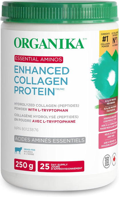 Organika 增強型膠原蛋白必需氨基酸 - 完整的必需氨基酸配方，有助於肌肉生長和恢復、關節支持和皮膚保濕 - 草飼，無味 - 250 克，25 份