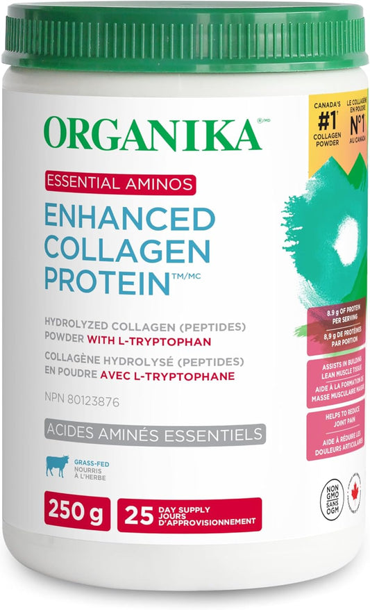 Organika 增強型膠原蛋白必需氨基酸 - 完整的必需氨基酸配方，有助於肌肉生長和恢復、關節支持和皮膚保濕 - 草飼，無味 - 250 克，25 份