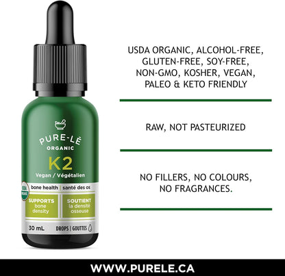 美国农业部有机维生素K2 (MK-7)滴剂，适合全家使用 - 完全生物可利用 - 速效，老少皆宜。犹太洁食认证，纯素，非转基因。无副作用 - 加拿大制造，超优质膳食补充剂