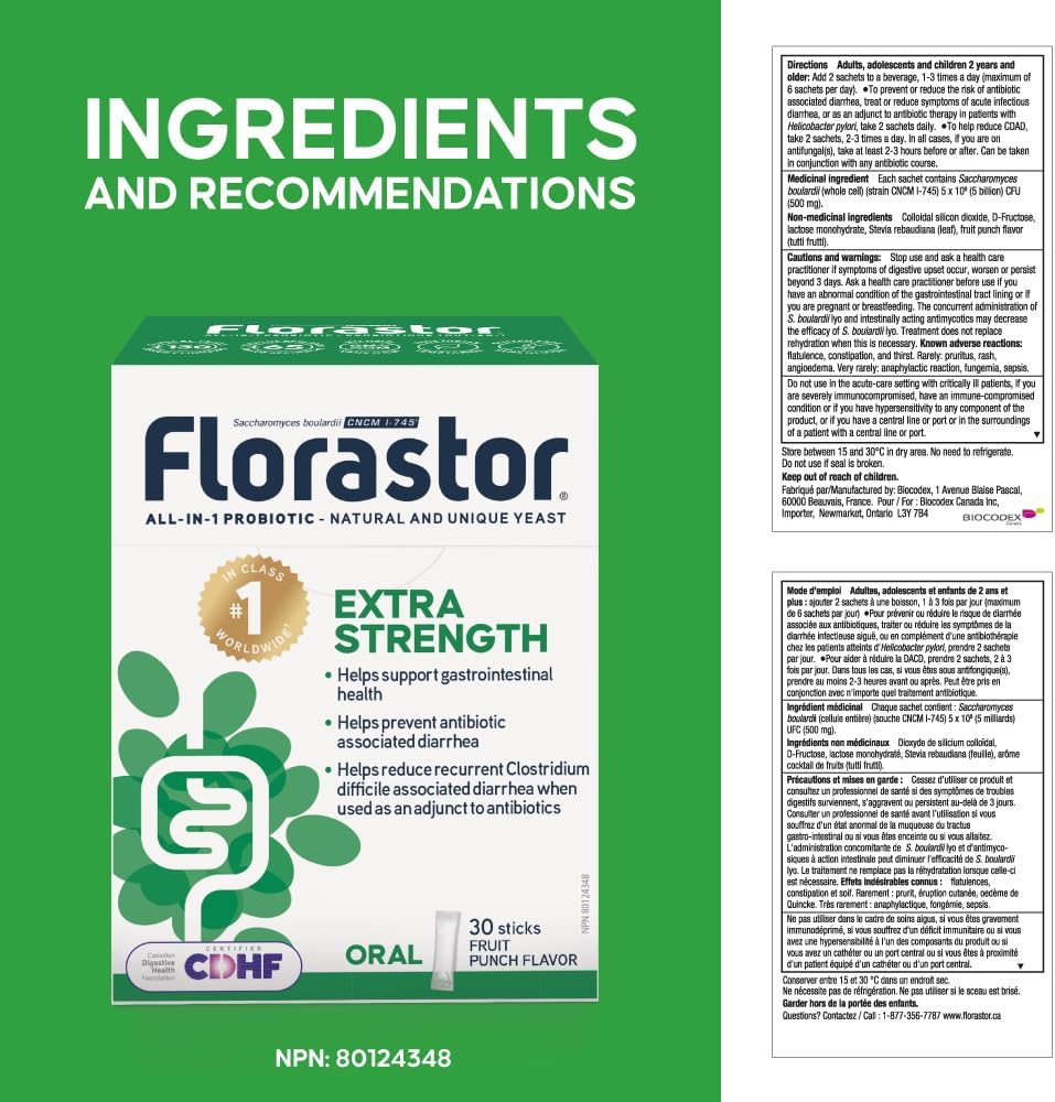 Florastor 強效益生菌 - 布拉酵母菌 CNCM I-745 - 每日多效合一益生菌 - 支持腸道健康和免疫系統 - 抗生素相關性腹瀉 - 成人適用 - 30 支