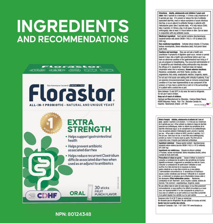 Florastor 強效益生菌 - 布拉酵母菌 CNCM I-745 - 每日多效合一益生菌 - 支持腸道健康和免疫系統 - 抗生素相關性腹瀉 - 成人適用 - 30 支