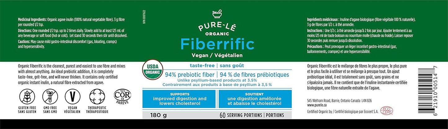 Pure-lē Fiberrific | USDA Approved | Organic Agave Inulin Prebiotic Fiber Supplement Powder | Supports Digestion, Gut & Intestinal Health, Regularity, Helps Reduce Bloating & Cholesterol | 60 Servings