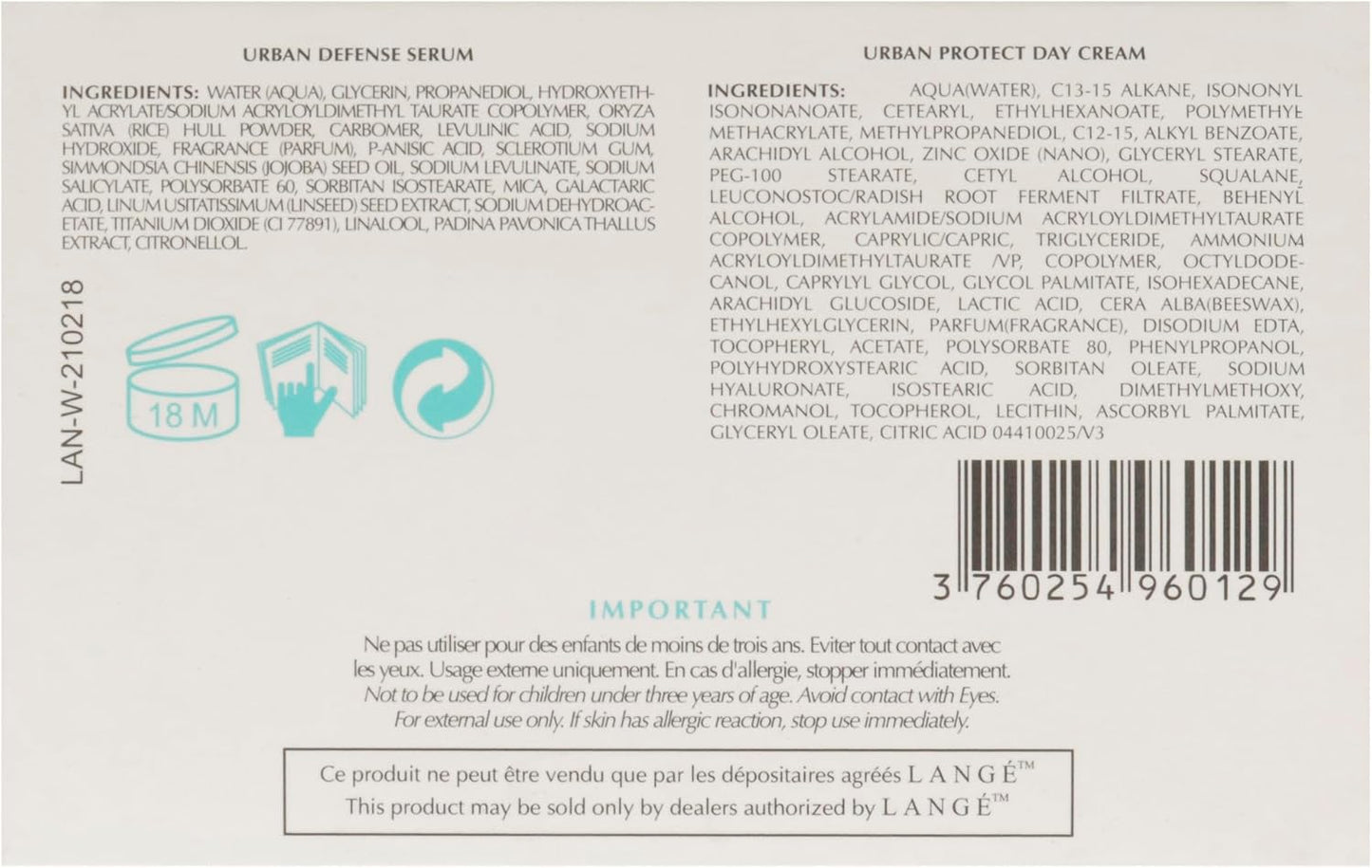 Lange Essential Survival Set 1.7oz Urban Protect Day Cream, 0.68oz Urban Defense Serum Unisex 2 Pc