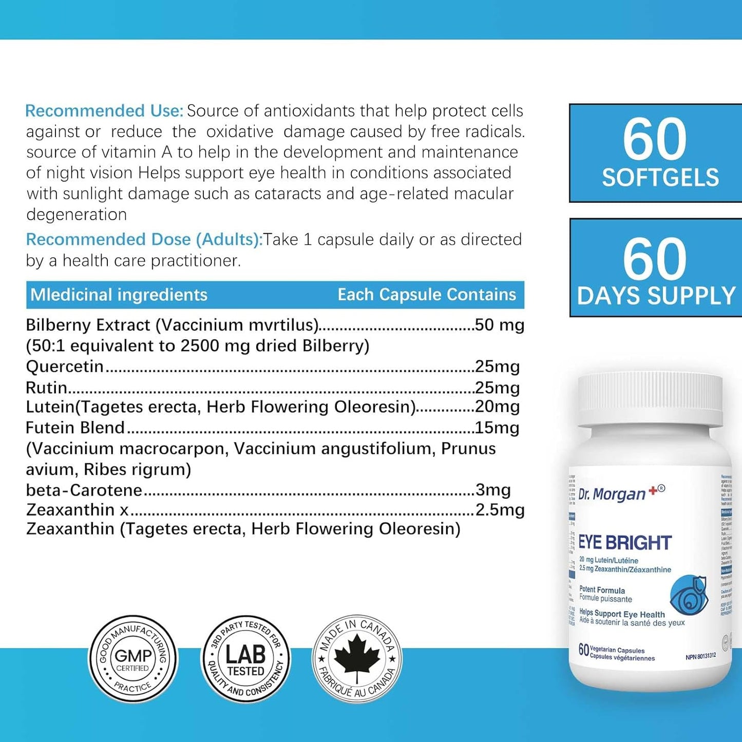 摩根博士 EYE BRIGHT 眼部補充劑，含越橘、葉黃素、玉米黃質和β-胡蘿蔔素 - 支持黃斑功能、夜視和抗氧化保護 - 60 粒膠囊