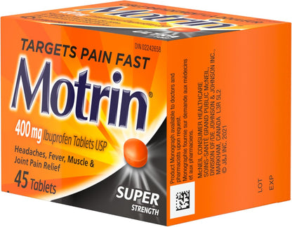 Motrin 超强效片剂，缓解痛经、头痛、背痛，布洛芬 400 毫克，45 片
