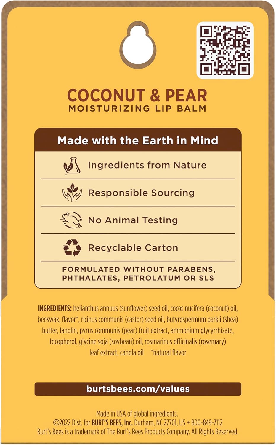 Burt's Bees 100% 天然保湿润唇膏，椰子和梨味，2 支装