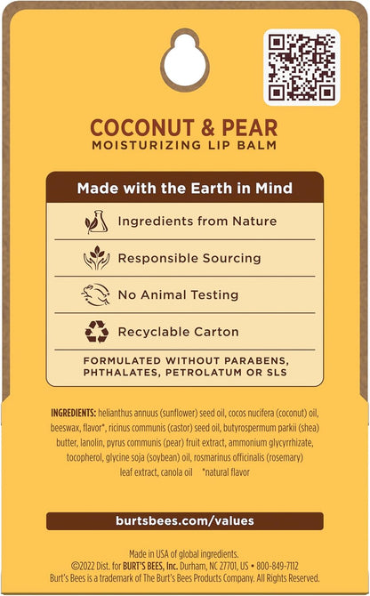 Burt's Bees 100% 天然保湿润唇膏，椰子和梨味，2 支装