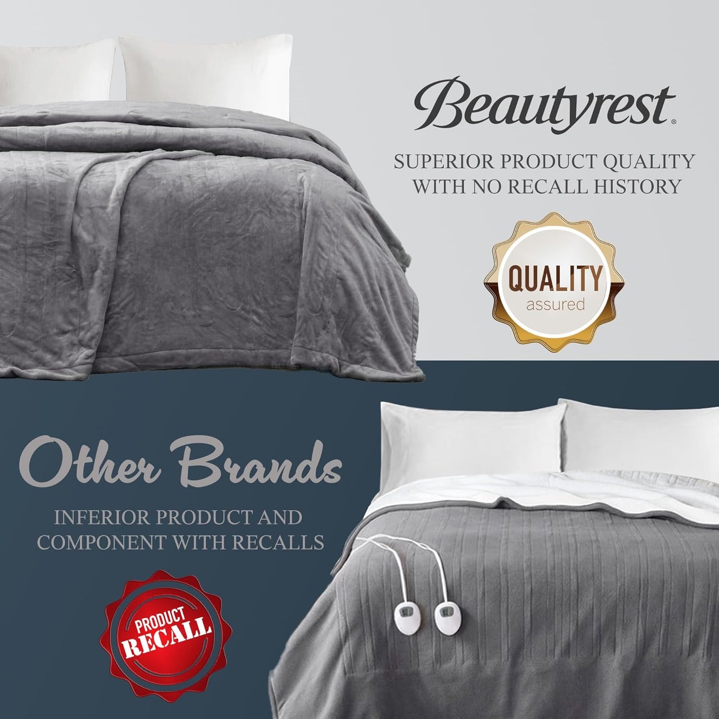 Beautyrest 电热毯，适用于寒冷天气，快速加热，自动关闭，几乎零 EMF，多种加热设置，UL 认证，灰色全尺寸（84 英寸 x 80 英寸）