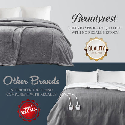 Beautyrest 电热毯，适用于寒冷天气，快速加热，自动关闭，几乎零 EMF，多种加热设置，UL 认证，灰色全尺寸（84 英寸 x 80 英寸）