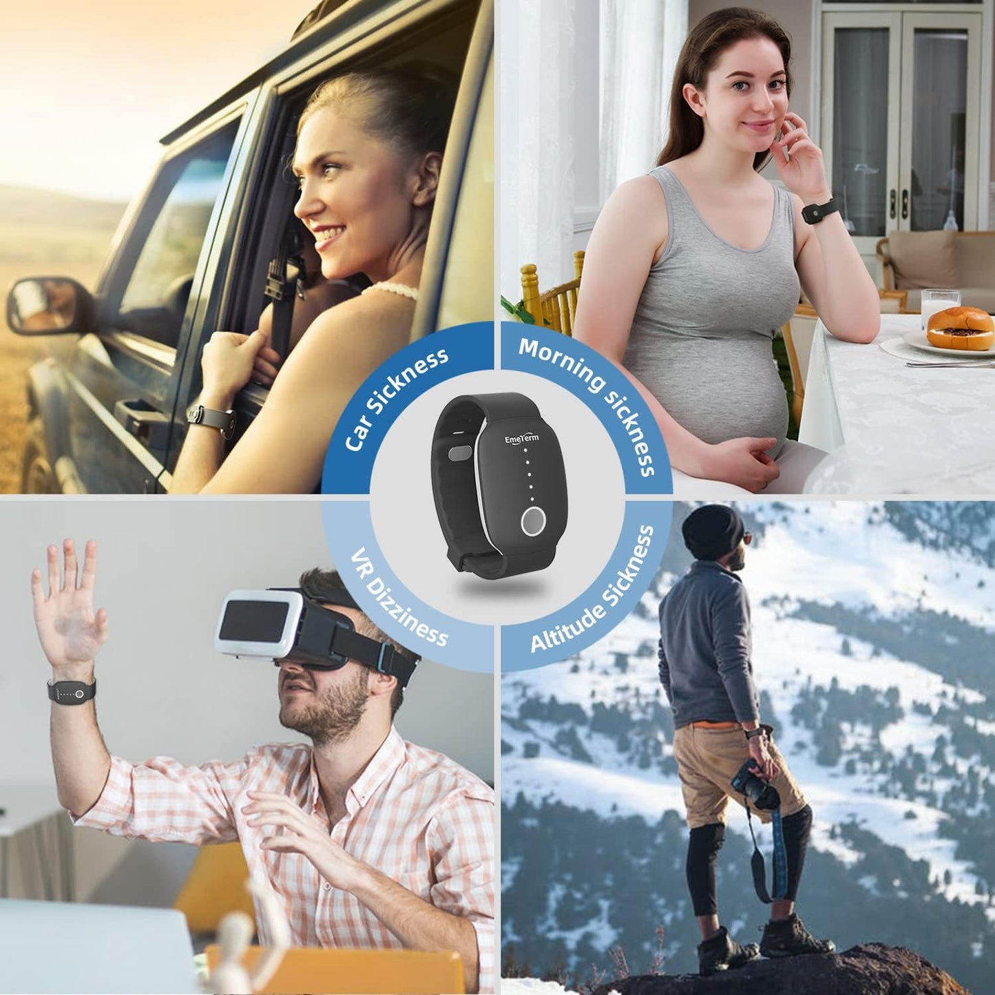 EmeTerm 时尚防恶心腕带，缓解早晨晕动病，可充电，无药物副作用，额外 2 包导电凝胶