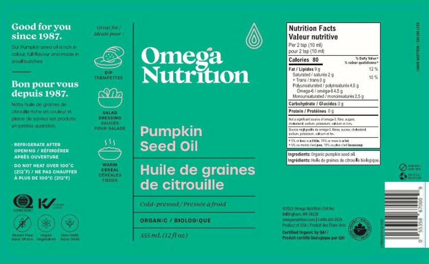 Omega Nutrition, 有機南瓜籽油，355毫升（1包）