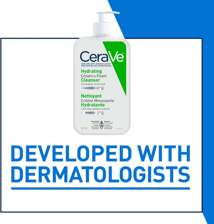 CeraVe Hydrating Cream-to-Foam Face Cleanser, One-Step Face Wash With Hyaluronic Acid & Amino Acid Complex, Gently Cleanses Skin, Non-Comedogenic, Fragrance-Free, Normal to dry skin, 562mL