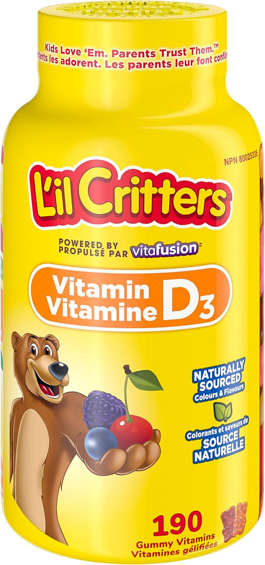 L'il Critters 兒童維生素 D3 軟糖，800 IU 維生素 D3 每日劑量，支持骨骼健康*，天然香料，190 粒（3 個月用量），包裝可能有所不同。