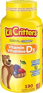 L'il Critters 兒童維生素 D3 軟糖，800 IU 維生素 D3 每日劑量，支持骨骼健康*，天然香料，190 粒（3 個月用量），包裝可能有所不同。