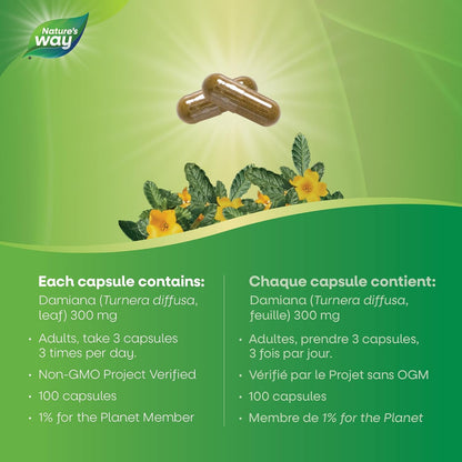 Nature's Way Damiana Leaves Premium Capsules - Herbal Nervine Tonic & Urinary Support – 300 mg of Damiana Leaves per Capsule - Non-GMO, 100 Vegetarian Capsules