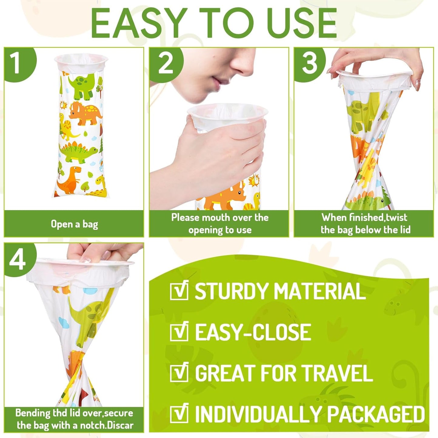 JarThenaAMCS 50个装儿童呕吐袋一次性恐龙呕吐袋防漏自封便携式呕吐袋适用于晕车晕船晕车旅行