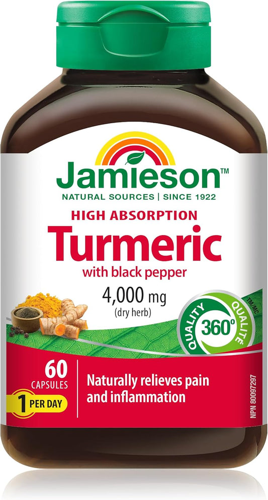 Jamieson Turmeric 4,000 mg, with Black Pepper, Provides Natural Joint Pain Relief, Supports Inflammation, and Helps with Digestion. High Absorption, NON-GMO, Gluten-Free, 60 Vegetarian Capsules, Proudly Canadian