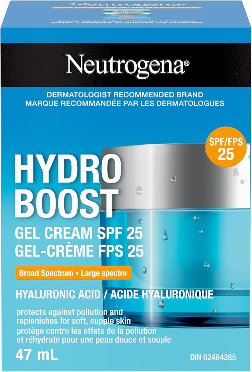 Neutrogena Hydro Boost Gel Cream with SPF 25 - Broad Spectrum UVA/UVB Protection & Hyaluronic Acid - Lightweight Oil-Free Facial Moisturizer for Smooth, Hydrated Skin - Non-Comedogenic, 47mL