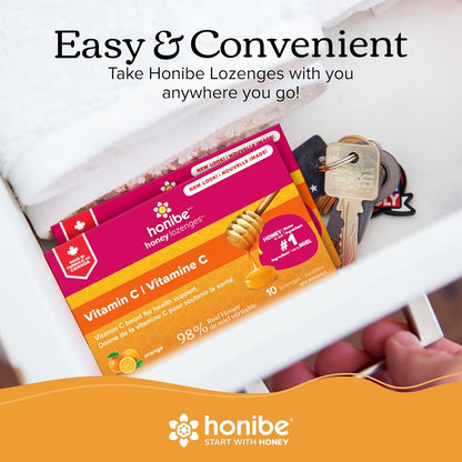 Honibe 100% 纯蜂蜜润喉糖 | 加拿大制造 | 添加维生素 C 以支持健康 | 1 包（10 粒润喉糖）| 天然橙子