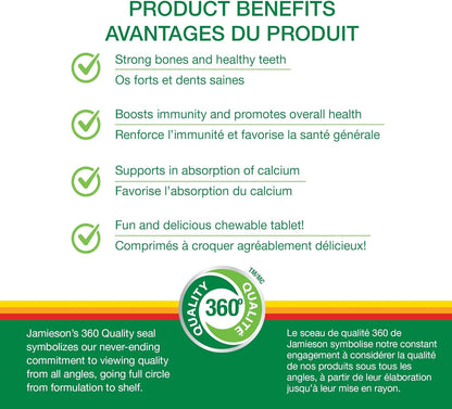 Jamieson 咀嚼维生素 D3 1000 国际单位，热带水果口味，支持免疫健康，强健骨骼和牙齿。素食，非转基因，无麸质，无人工香料和色素，100 粒，加拿大制造