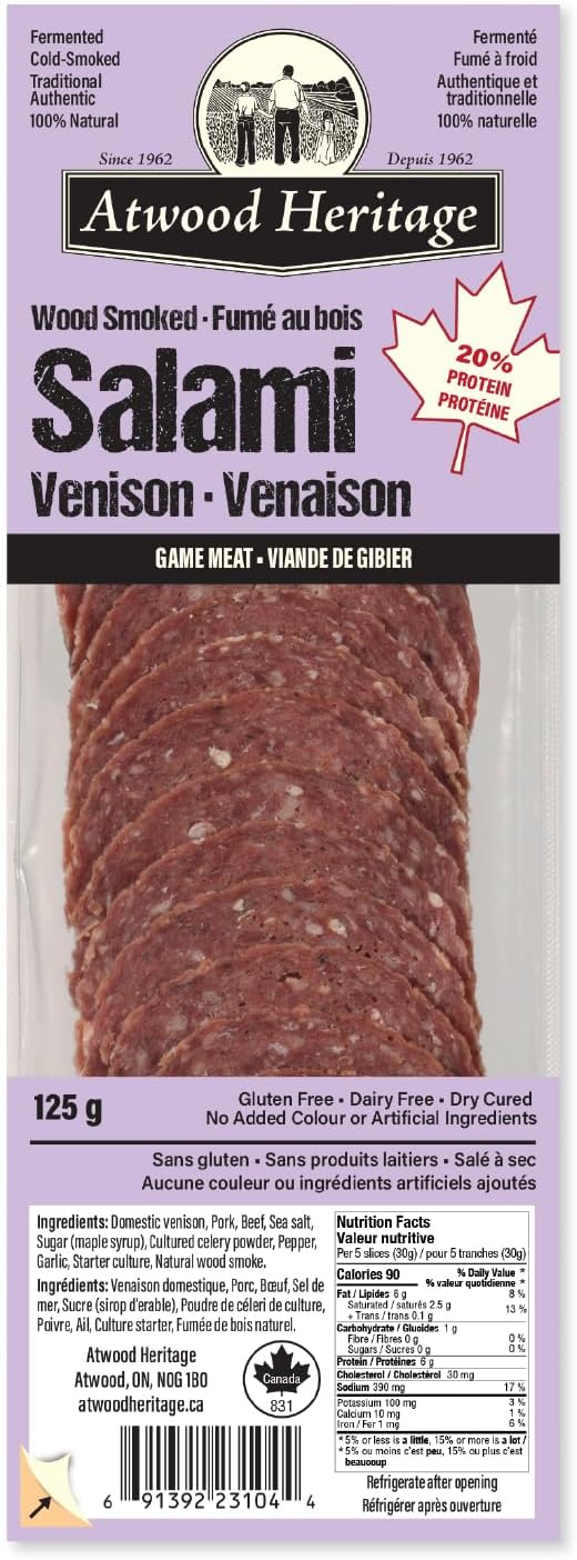 Atwood Heritage 鹿肉、豬肉和牛肉切片薩拉米香腸，125克，高蛋白，無麩質，無硝酸鹽，加拿大製造