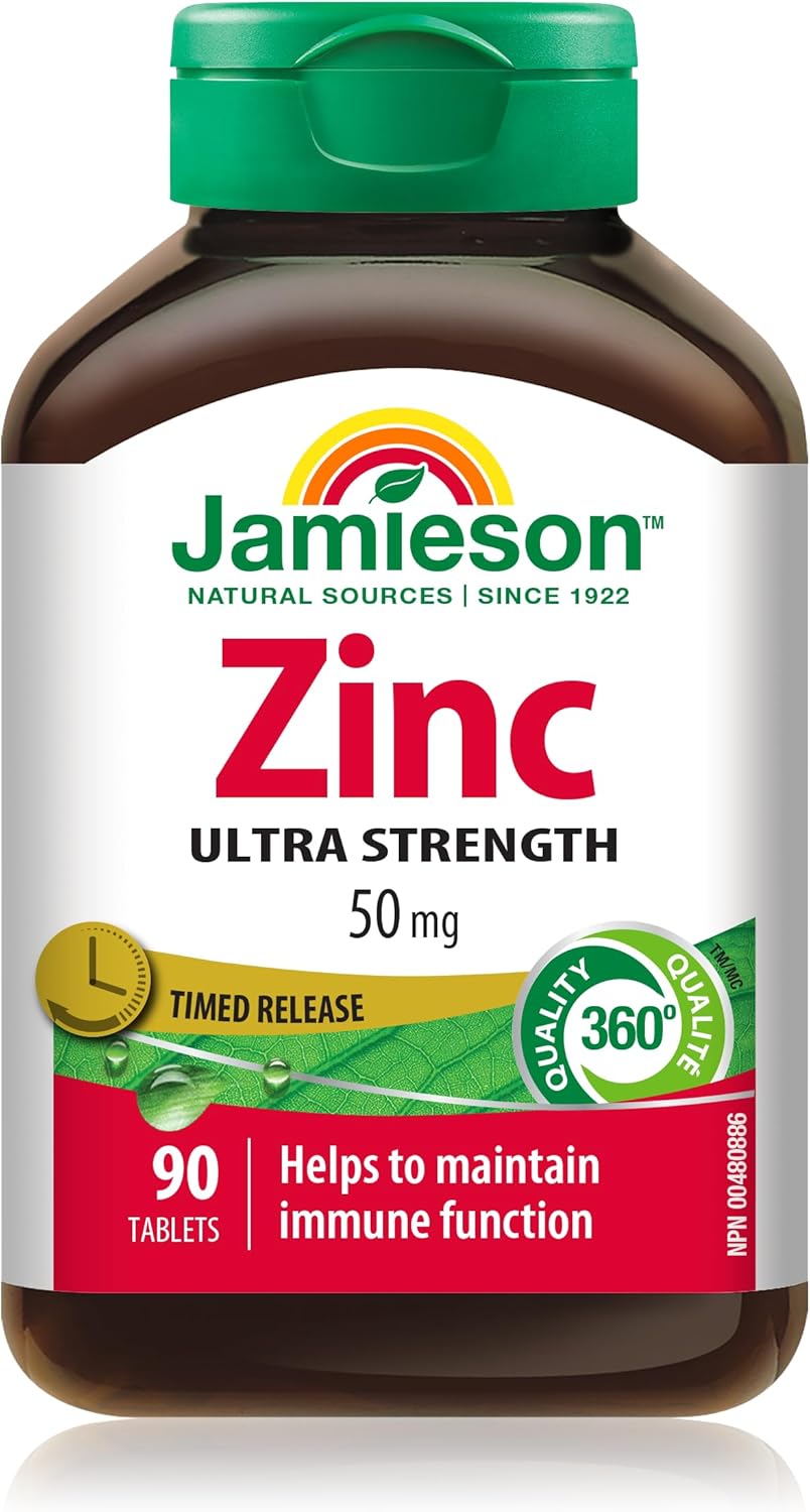 Jamieson 鋅 50 毫克，超強效，高吸收率，支持免疫健康、組織形成和皮膚健康。素食，非基因改造，無麩質，90 片裝，加拿大製造