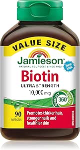 Jamieson 強效生物素軟膠囊，10,000 微克，易於吞嚥，有助於滋養濃密秀髮、健康肌膚和強韌指甲。不含麩質，不含人工香料、色素或防腐劑，90 粒裝，加拿大製造
