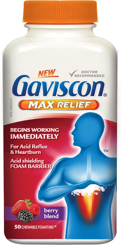 Gaviscon Max Relief 片劑 - 50 片 - 可咀嚼的泡沫抗酸片，用於日夜緩解胃灼熱、胃酸倒流和胃食道逆流症，莓果混合物 - 不含鋁、乳糖和麩質